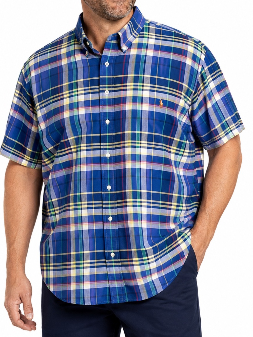 Ralph Lauren Classic Fit Plaid Button Down‎ Shirt Mens 3XB Blue Short Sleeve